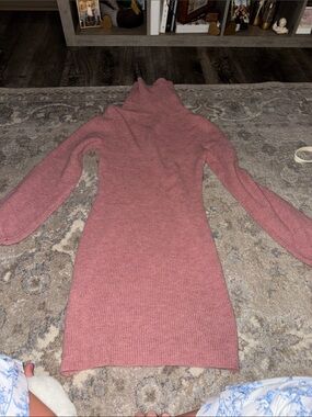 Ribbed Turtleneck Sweater Dress - Mauve Pink